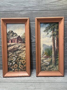 Vintage Pair Framed Prints Country Barn Trees Flowers Coral Peach Frames READ